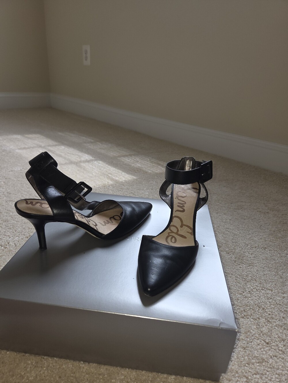 Sam Edelman Black Leather Pointed-Toe Ankle-Strap Heels - Picture 2 of 4